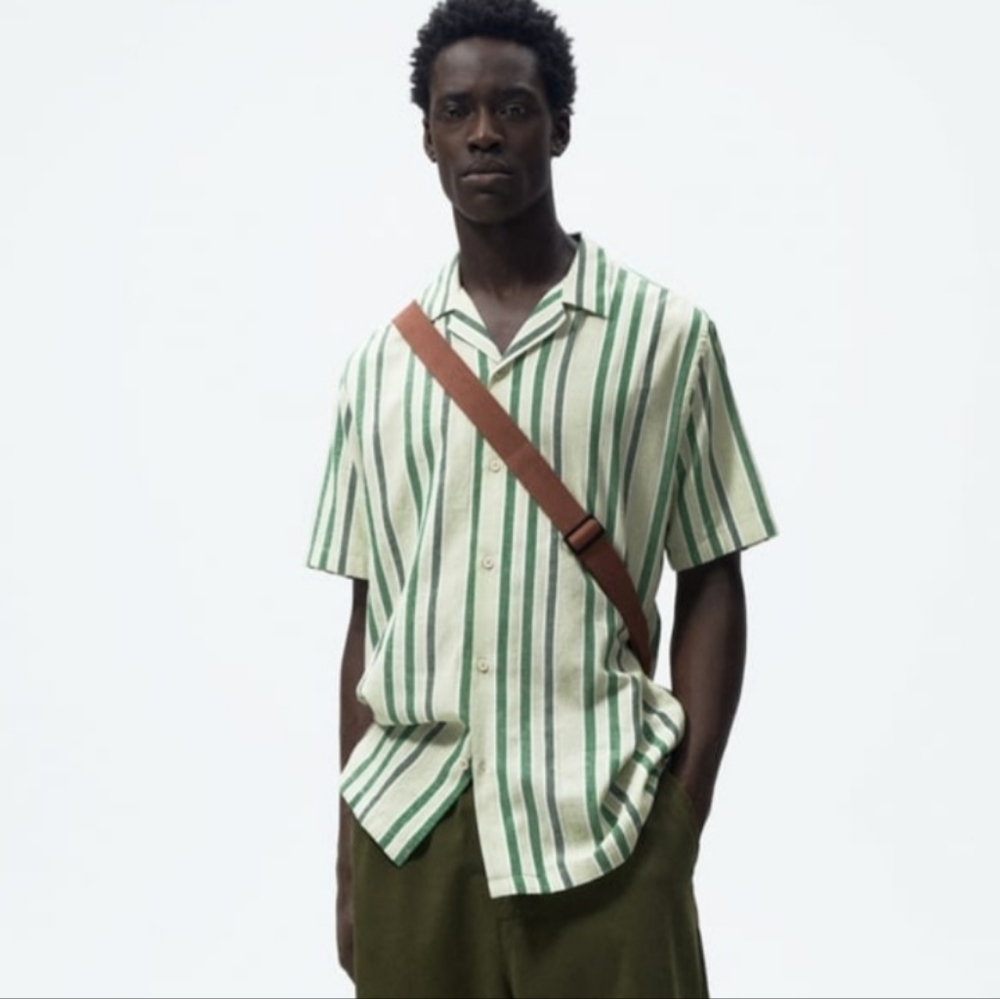 Zara shirt striped short sleeve green ref. 3057 122 500